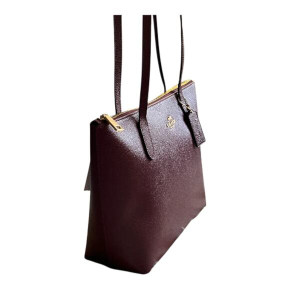 COACH FIONA ZIP TOP TOTE BAG PURSE IN CROSSGRAIN LEATHER DARK WINE & GOLD NEW! - Picture 9 of 16
